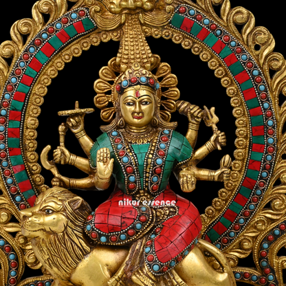 shera wali mata murti With stone work - 14.5 inches Nikuressence