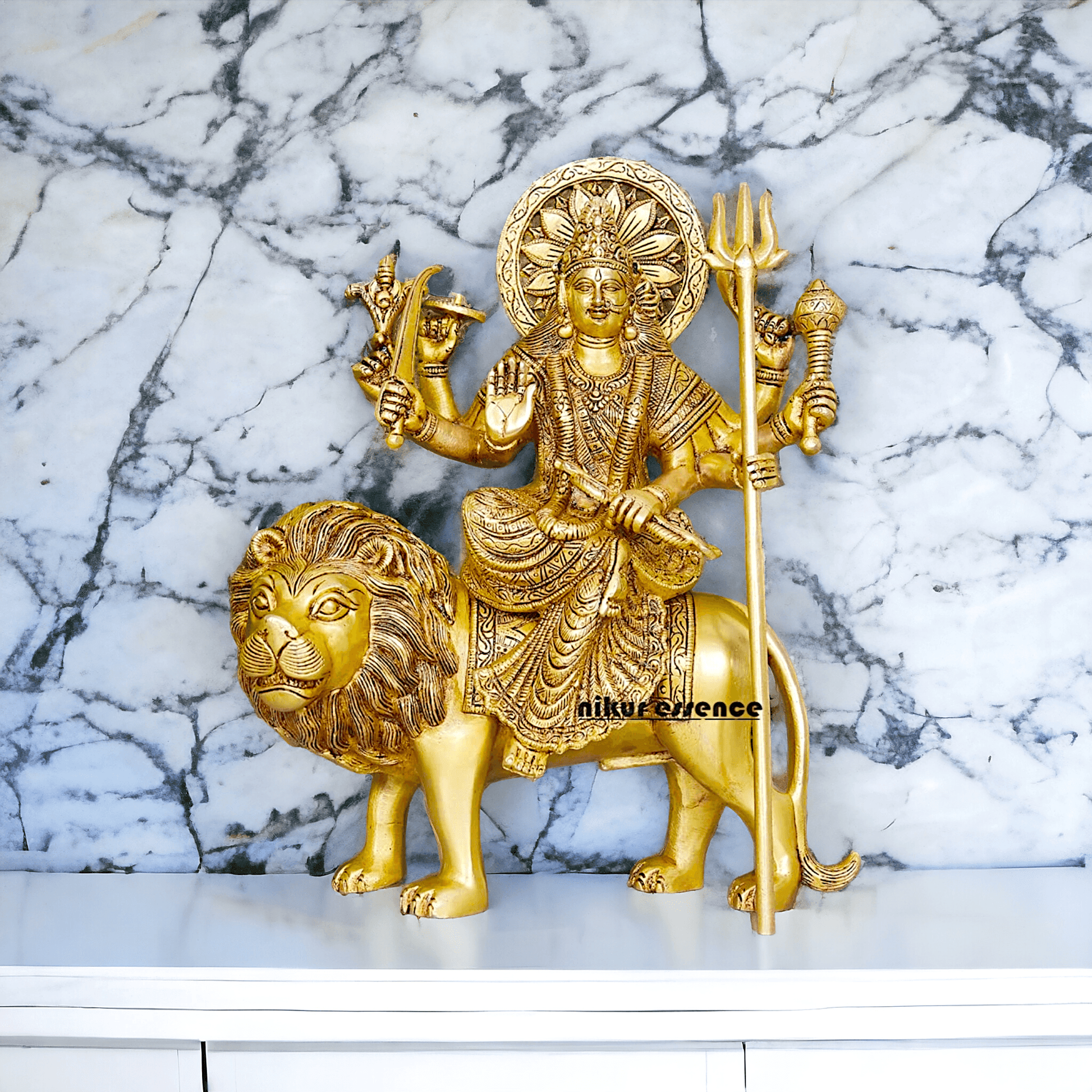 Large Durga Brass Statue on Lion - 13 Inch Majestic Durga Idol by Nikur Essence , Handcrafted Spiritual Home Decor for Devotees Nikuressence