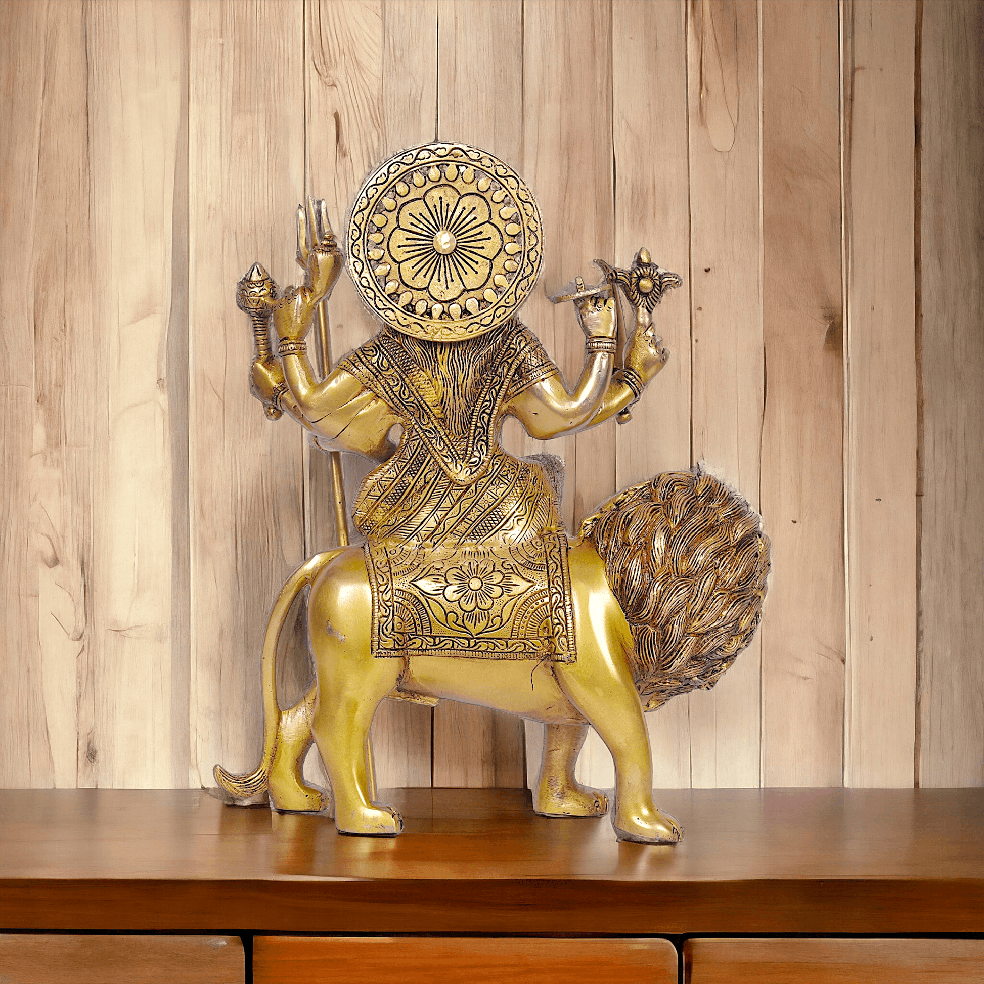 Large Durga Brass Statue on Lion - 13 Inch Majestic Durga Idol by Nikur Essence , Handcrafted Spiritual Home Decor for Devotees Nikuressence
