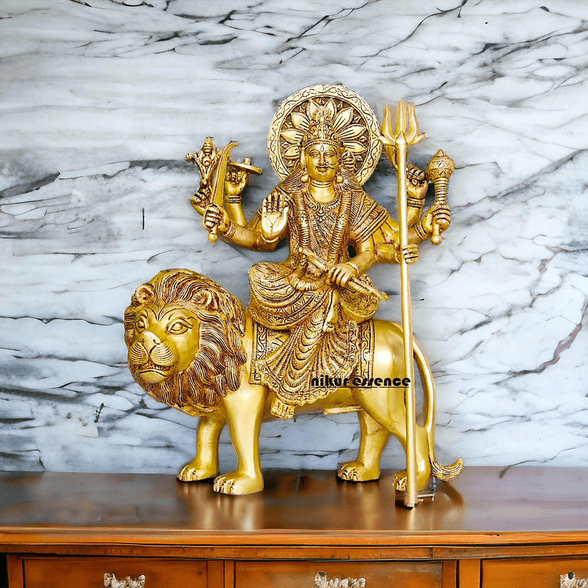Large Durga Brass Statue on Lion - 13 Inch Majestic Durga Idol by Nikur Essence , Handcrafted Spiritual Home Decor for Devotees Nikuressence