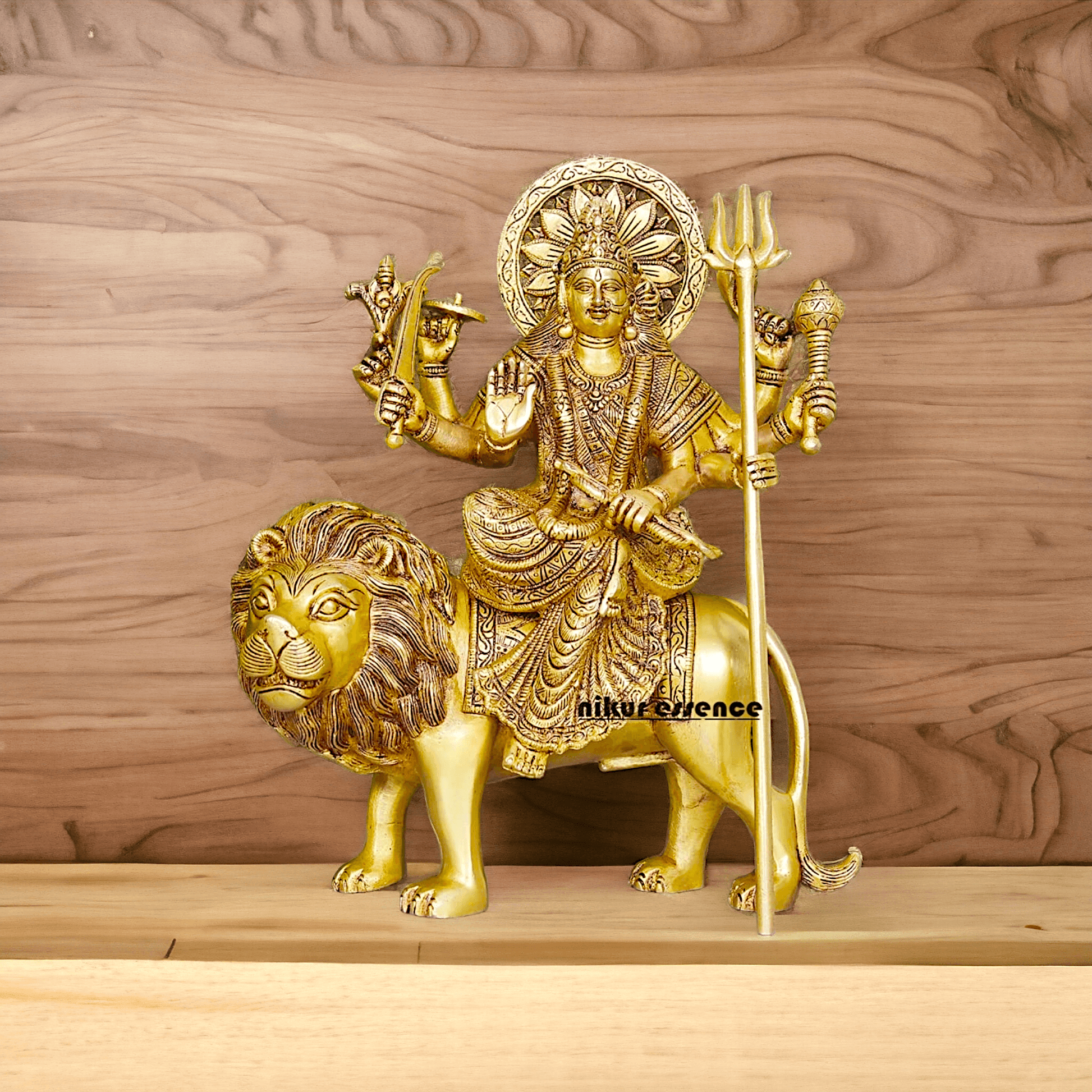 Large Durga Brass Statue on Lion - 13 Inch Majestic Durga Idol by Nikur Essence , Handcrafted Spiritual Home Decor for Devotees Nikuressence