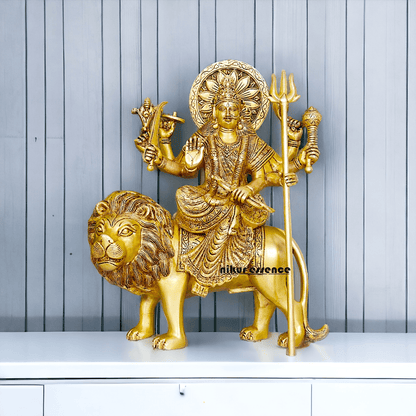 Large Durga Brass Statue on Lion - 13 Inch Majestic Durga Idol by Nikur Essence , Handcrafted Spiritual Home Decor for Devotees Nikuressence