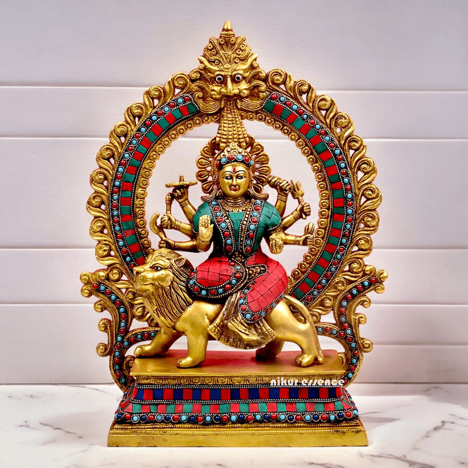 Large Brass Durga maa sitting on lion with stone work by Nikur Essence - 14.5 Inch Height Nikuressence
