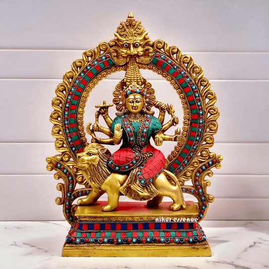Large Brass Durga maa sitting on lion with stone work by Nikur Essence - 14.5 Inch Height Nikuressence