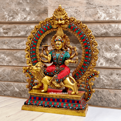 Large Brass Durga maa sitting on lion with stone work by Nikur Essence - 14.5 Inch Height Nikuressence