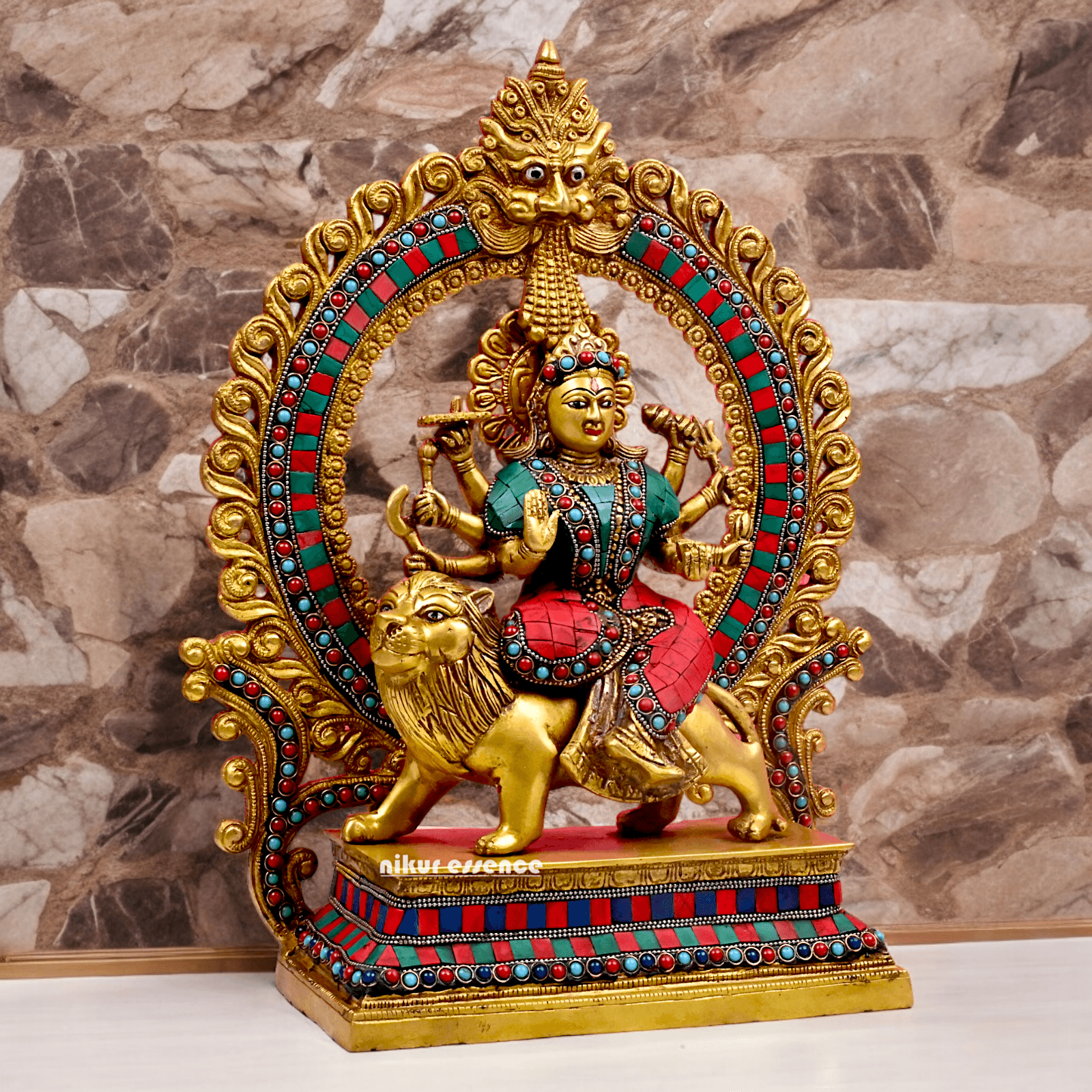 Large Brass Durga maa sitting on lion with stone work by Nikur Essence - 14.5 Inch Height Nikuressence