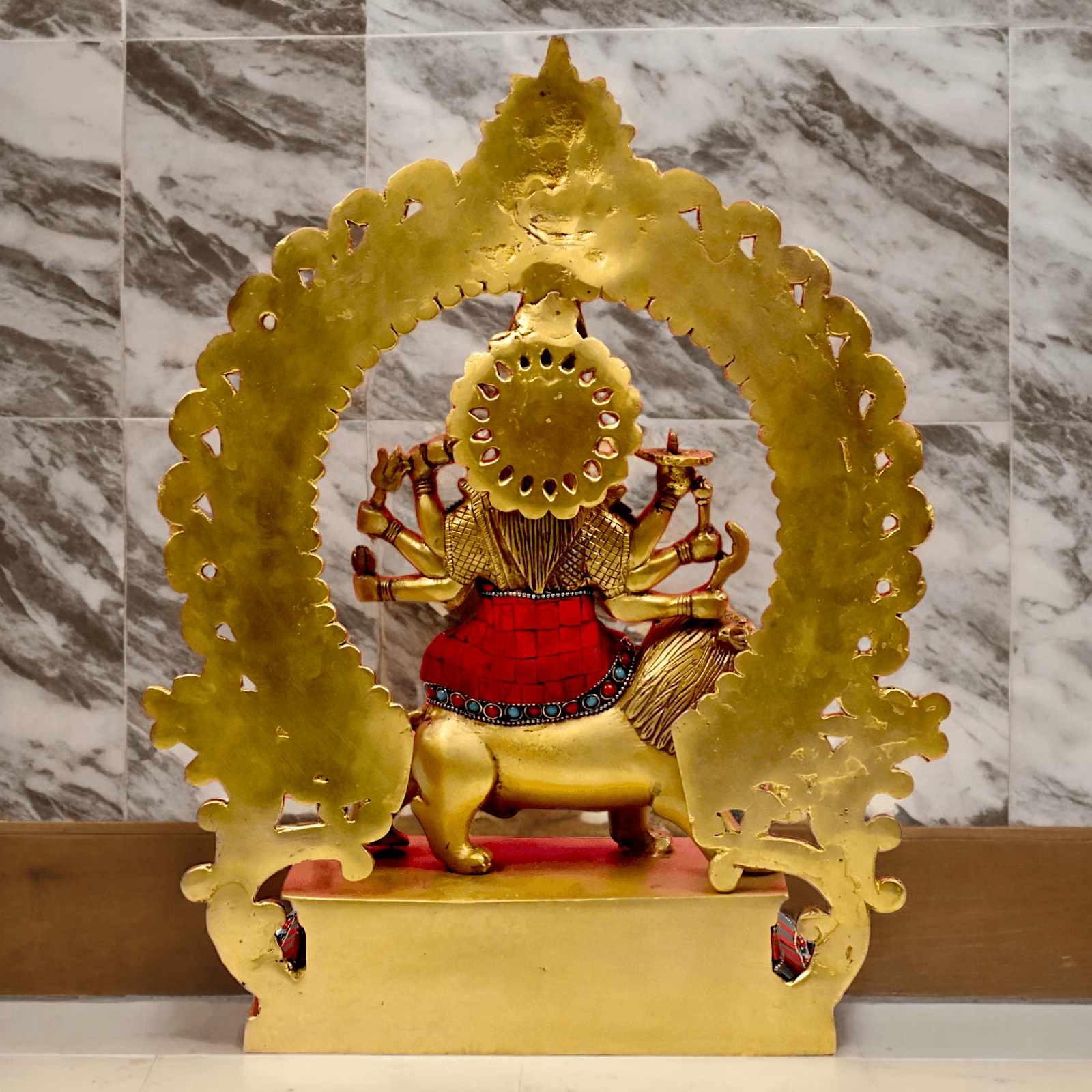 Large Brass Durga maa sitting on lion with stone work by Nikur Essence - 14.5 Inch Height Nikuressence