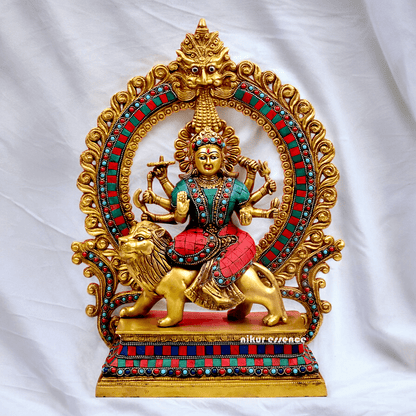 Large Brass Durga maa sitting on lion with stone work by Nikur Essence - 14.5 Inch Height Nikuressence