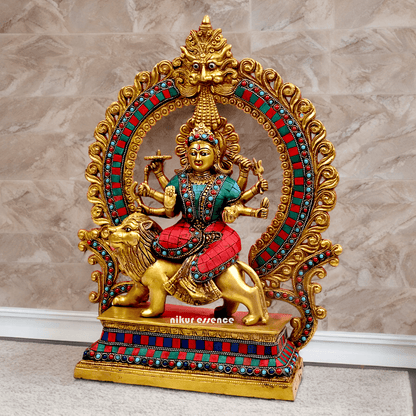 Large Brass Durga maa sitting on lion with stone work by Nikur Essence - 14.5 Inch Height Nikuressence