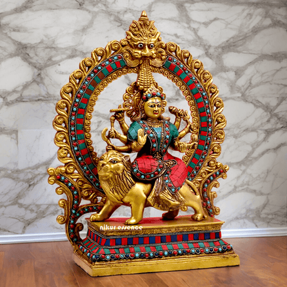 Large Brass Durga maa sitting on lion with stone work by Nikur Essence - 14.5 Inch Height Nikuressence