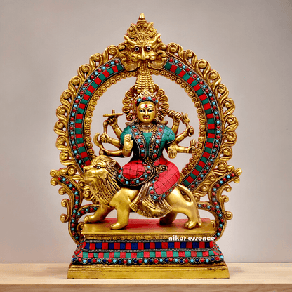 Large Brass Durga maa sitting on lion with stone work by Nikur Essence - 14.5 Inch Height Nikuressence