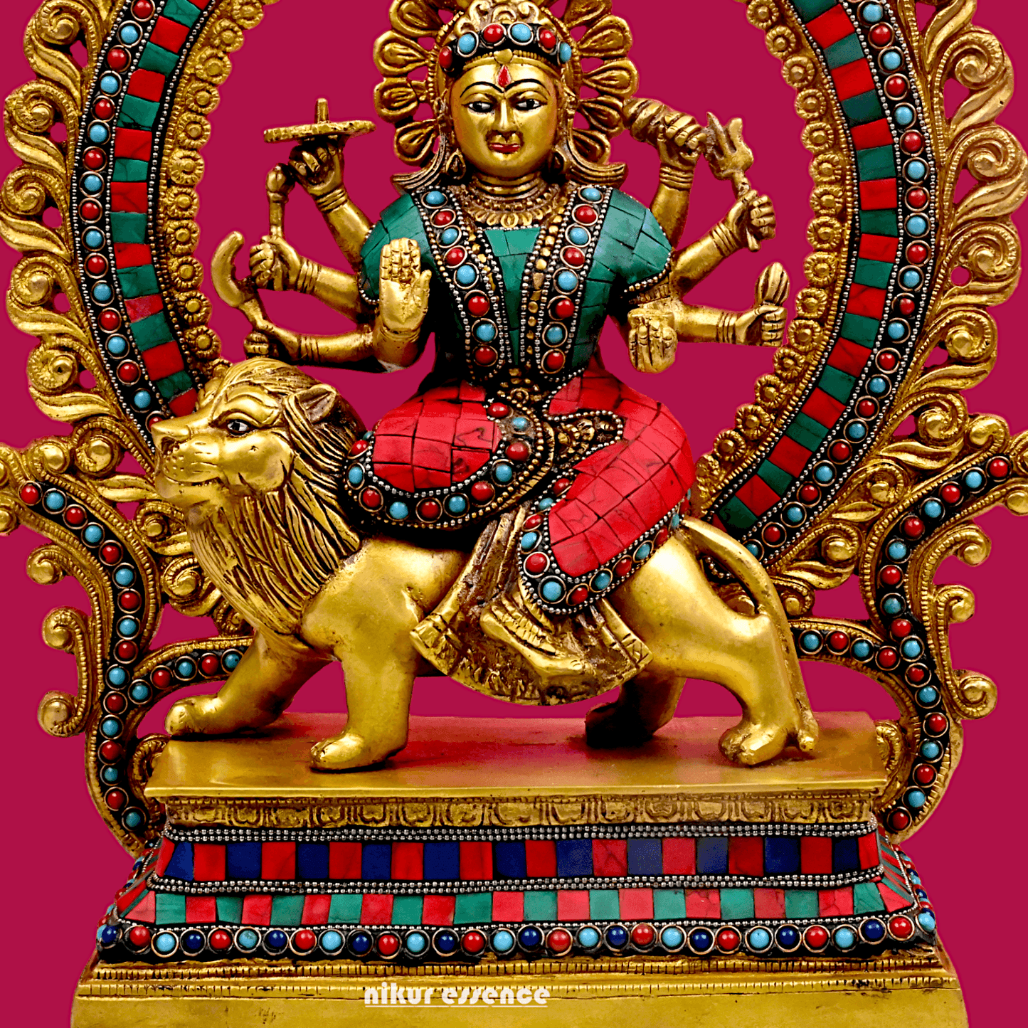 Large Brass Durga maa sitting on lion with stone work by Nikur Essence - 14.5 Inch Height Nikuressence