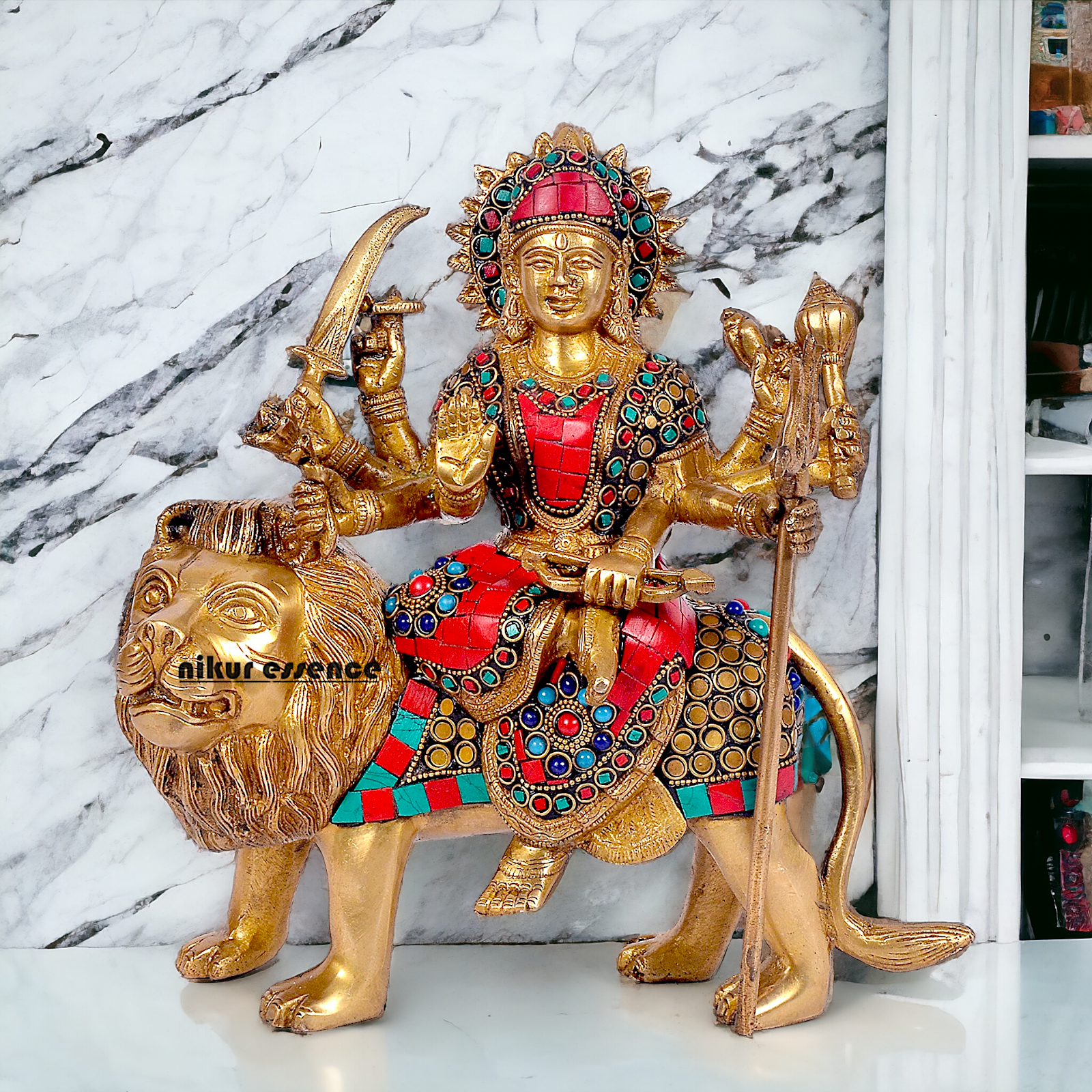 Buy Brass Sculpture of Mother Goddess Durga Seated on a Majestic Lion – 25.4 cm, An Intricate Work of Art by Nikur Essence Nikuressence