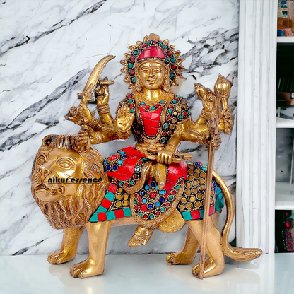 Buy Brass Sculpture of Mother Goddess Durga Seated on a Majestic Lion – 25.4 cm, An Intricate Work of Art by Nikur Essence Nikuressence