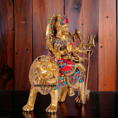 Buy Brass Sculpture of Mother Goddess Durga Seated on a Majestic Lion – 25.4 cm, An Intricate Work of Art by Nikur Essence Nikuressence