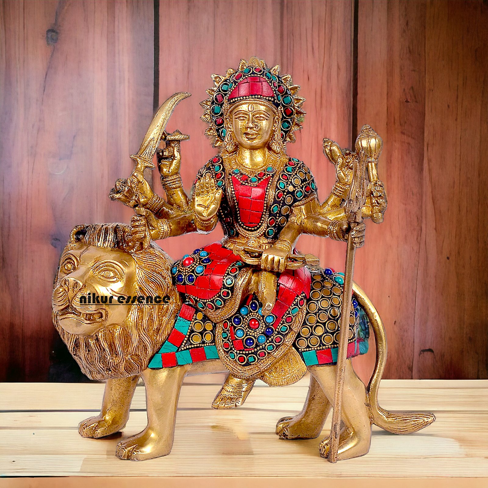 Buy Brass Sculpture of Mother Goddess Durga Seated on a Majestic Lion – 25.4 cm, An Intricate Work of Art by Nikur Essence Nikuressence