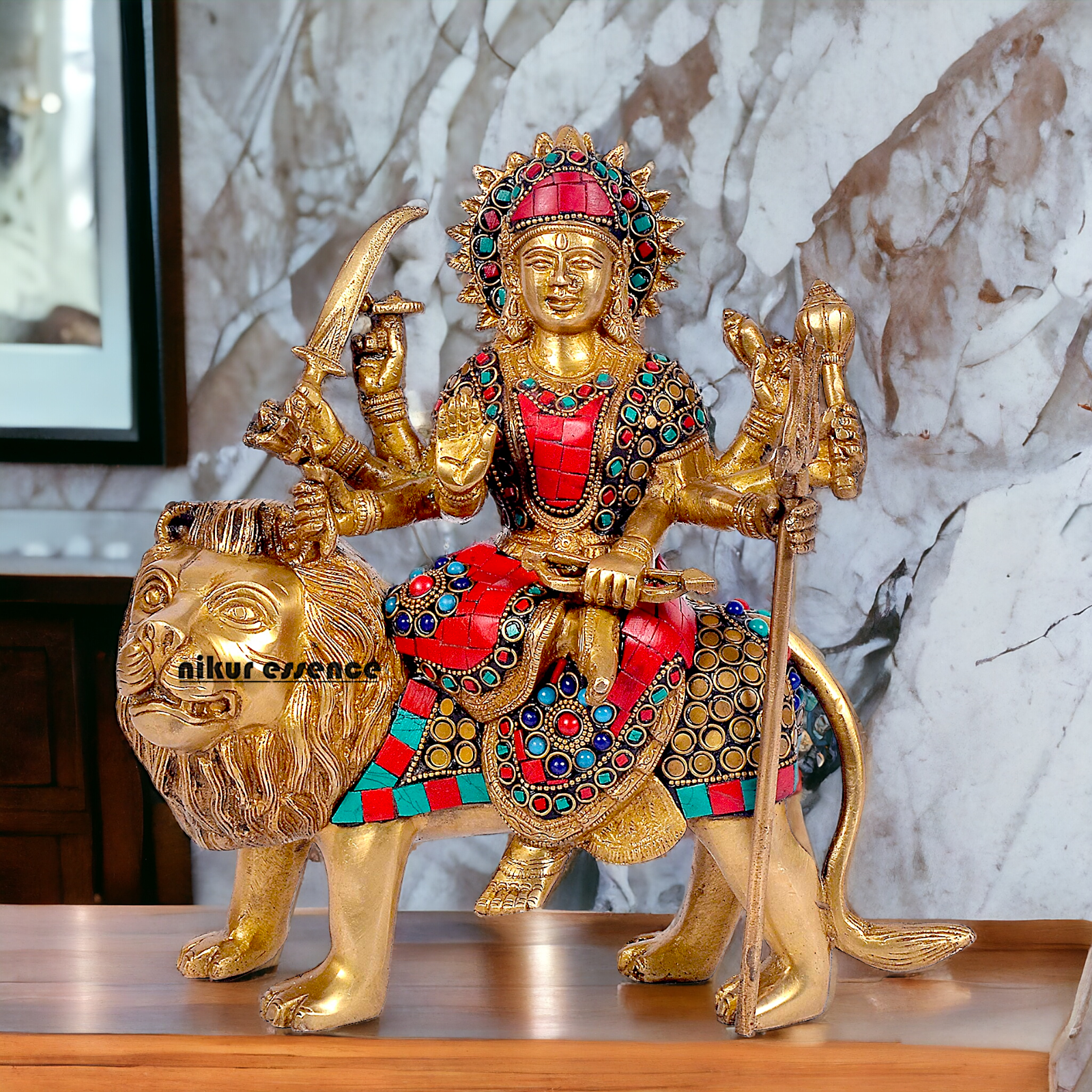 Buy Brass Sculpture of Mother Goddess Durga Seated on a Majestic Lion – 25.4 cm, An Intricate Work of Art by Nikur Essence Nikuressence