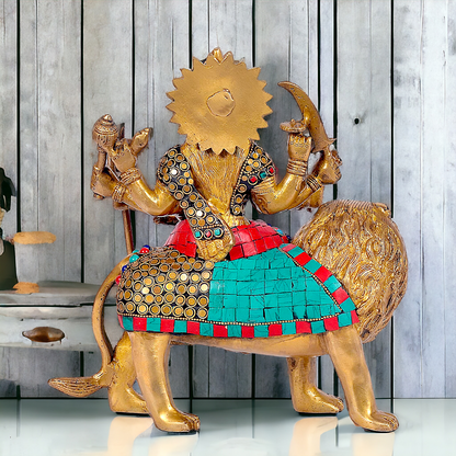 Buy Brass Sculpture of Mother Goddess Durga Seated on a Majestic Lion – 25.4 cm, An Intricate Work of Art by Nikur Essence Nikuressence