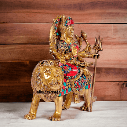 Buy Brass Sculpture of Mother Goddess Durga Seated on a Majestic Lion – 25.4 cm, An Intricate Work of Art by Nikur Essence Nikuressence