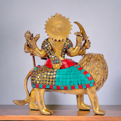 Buy Brass Sculpture of Mother Goddess Durga Seated on a Majestic Lion – 25.4 cm, An Intricate Work of Art by Nikur Essence Nikuressence