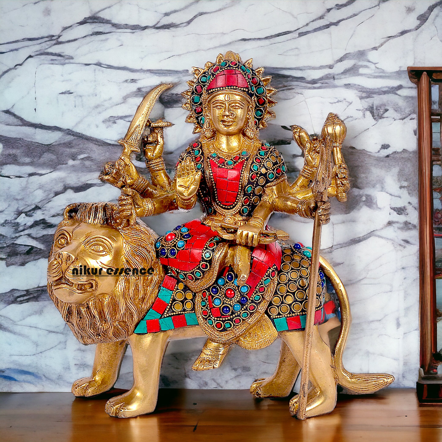 Buy Brass Sculpture of Mother Goddess Durga Seated on a Majestic Lion – 25.4 cm, An Intricate Work of Art by Nikur Essence Nikuressence