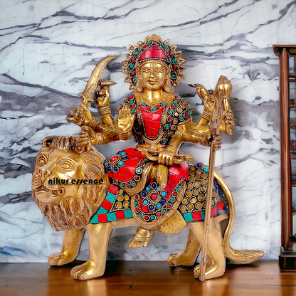 Buy Brass Sculpture of Mother Goddess Durga Seated on a Majestic Lion – 25.4 cm, An Intricate Work of Art by Nikur Essence Nikuressence