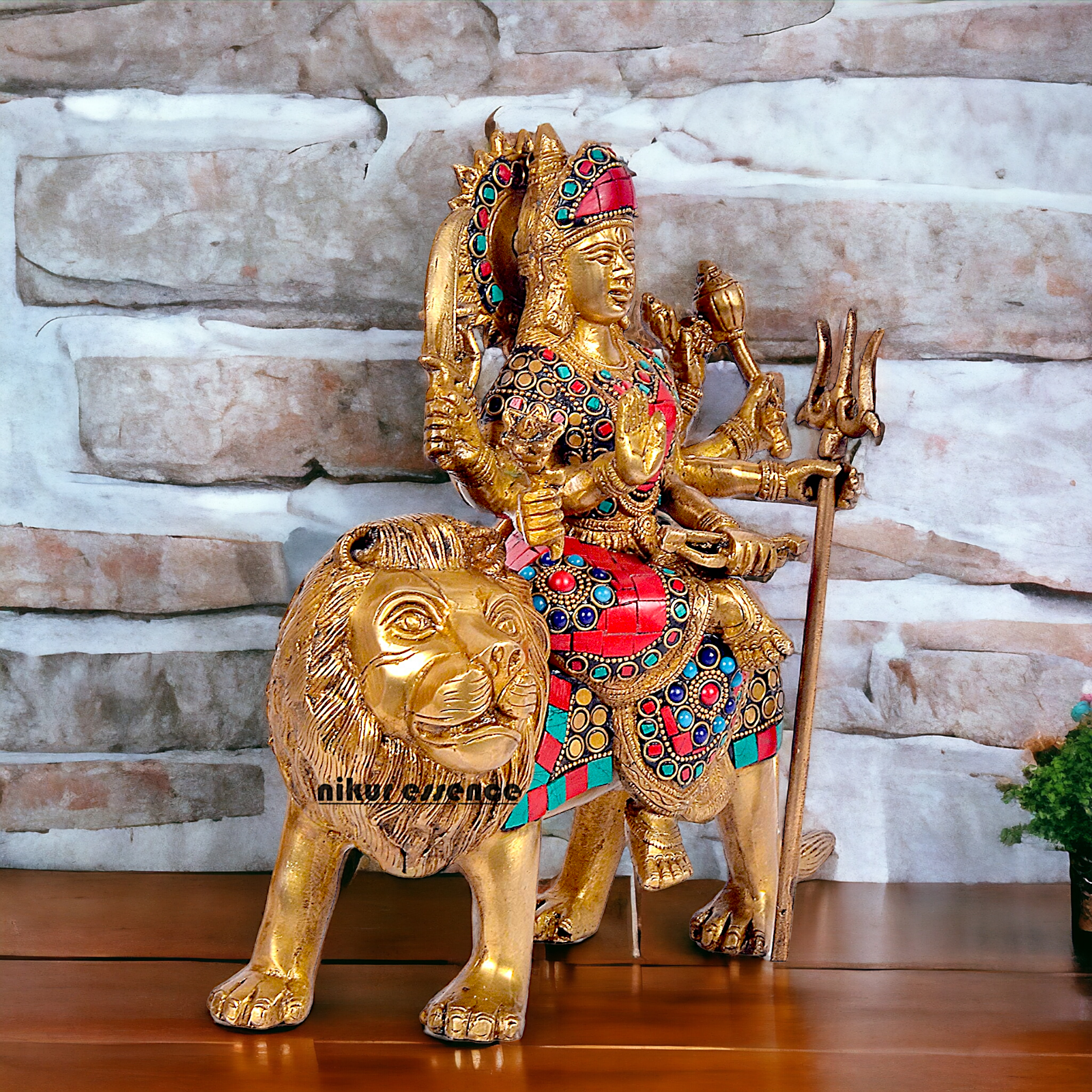 Buy Brass Sculpture of Mother Goddess Durga Seated on a Majestic Lion – 25.4 cm, An Intricate Work of Art by Nikur Essence Nikuressence
