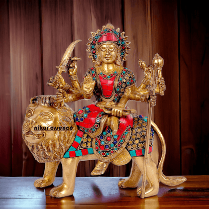 Buy Brass Sculpture of Mother Goddess Durga Seated on a Majestic Lion – 25.4 cm, An Intricate Work of Art by Nikur Essence Nikuressence