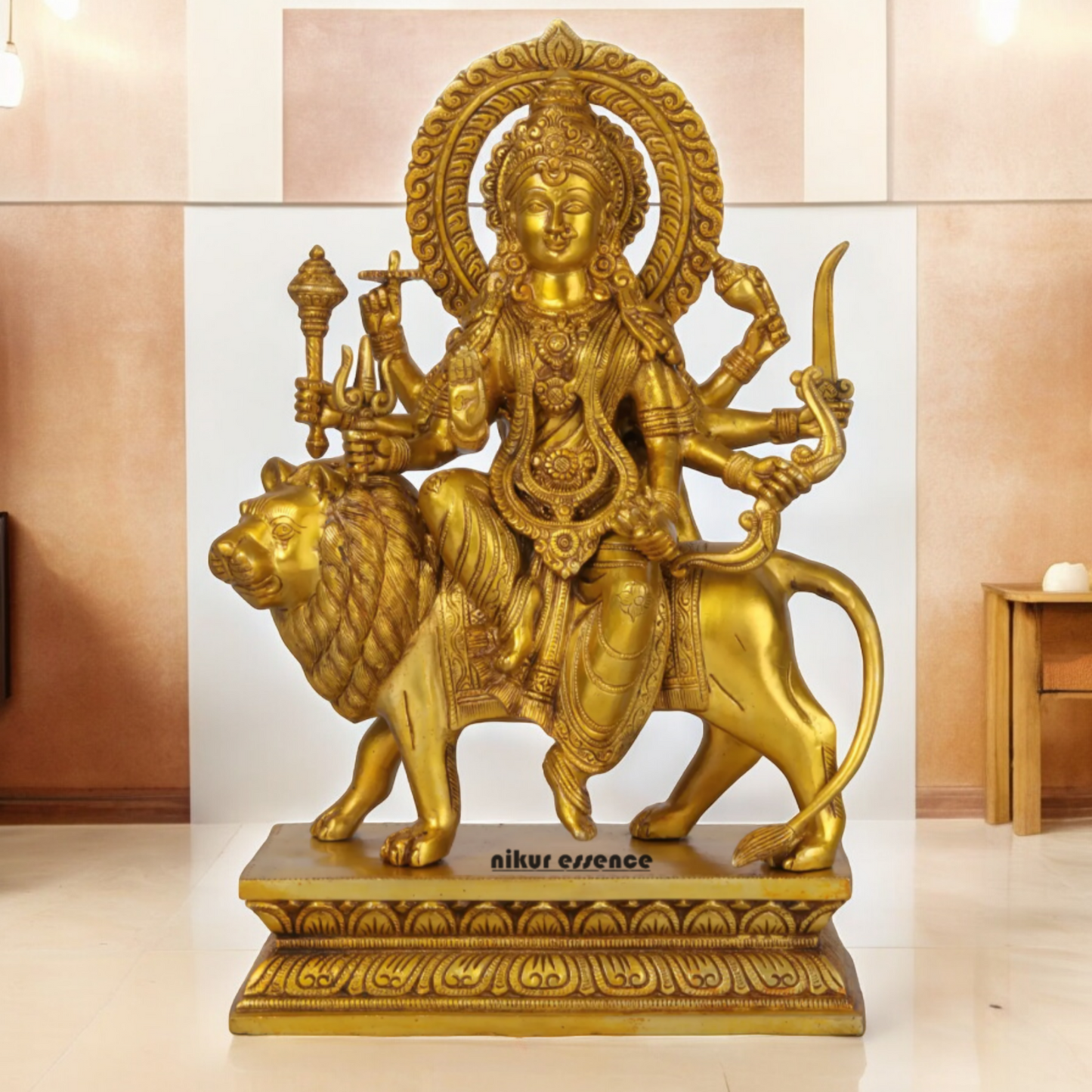 Superfine brass 43 cm Eight-Handed Goddess Durga Idol Seated on Lion - Exquisite Handcrafted Nikuressence