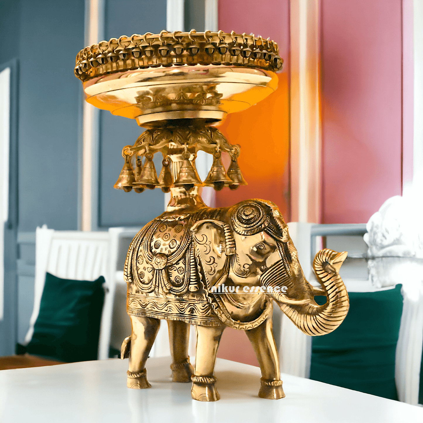 online buy Brass Elephant Urli with Bells - Exquisite Home Decor Piece, 21 Inches Long, for Traditional and Contemporary Settings Nikuressence