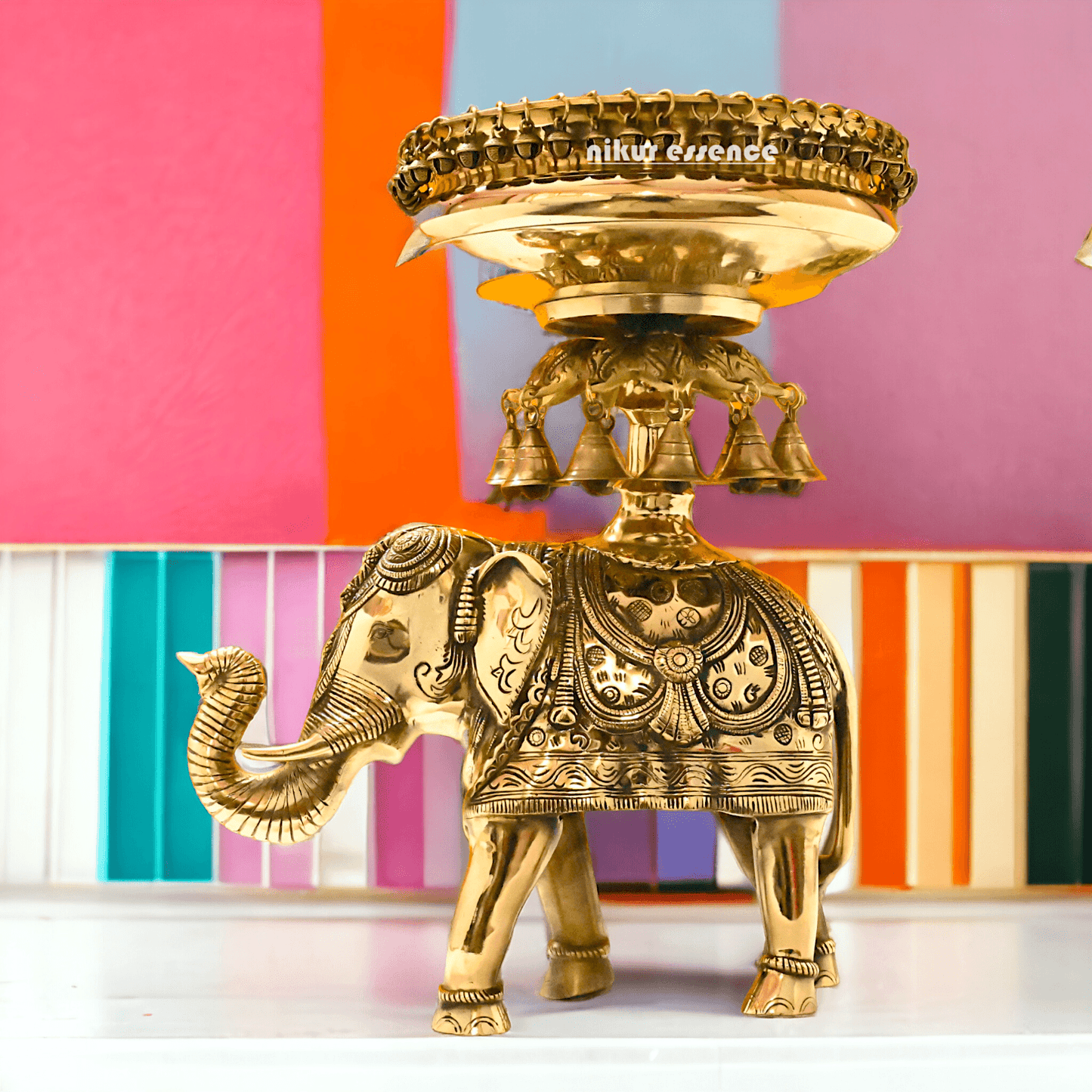online buy Brass Elephant Urli with Bells - Exquisite Home Decor Piece, 21 Inches Long, for Traditional and Contemporary Settings Nikuressence