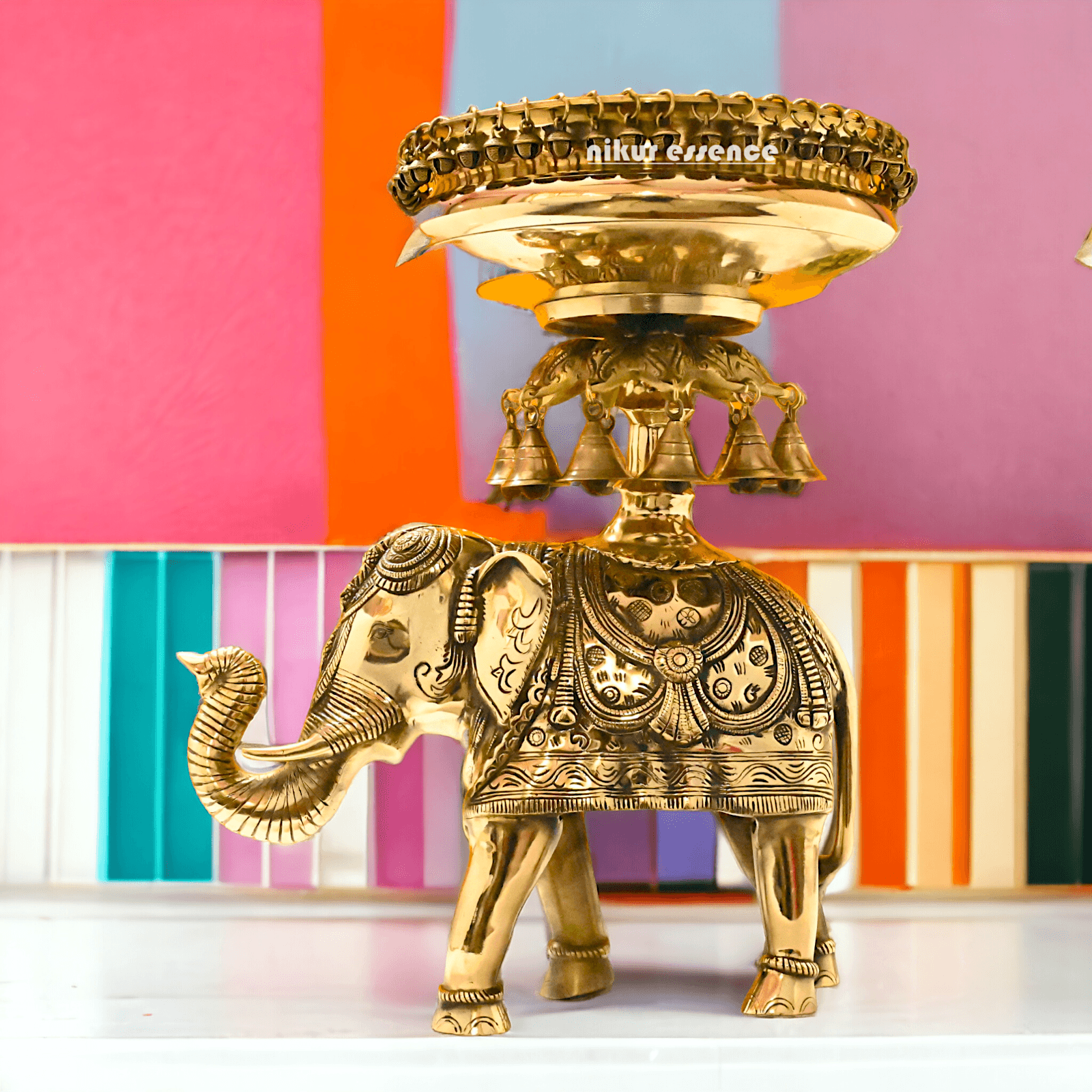 online buy Brass Elephant Urli with Bells - Exquisite Home Decor Piece, 21 Inches Long, for Traditional and Contemporary Settings Nikuressence
