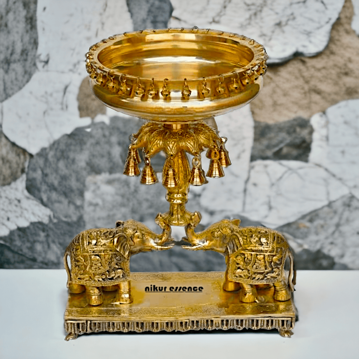 Brass Elephant Urli with Bells - Traditional Indian Decorative Sculpture for Home and Office Nikuressence