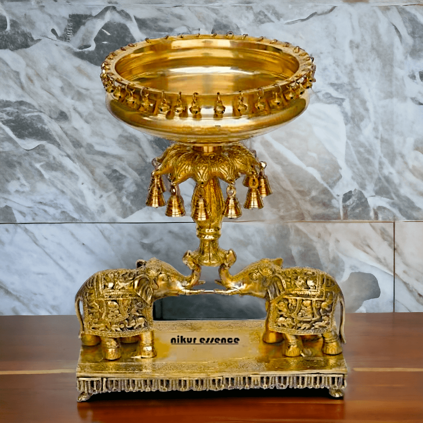 Brass Elephant Urli with Bells - Traditional Indian Decorative Sculpture for Home and Office Nikuressence