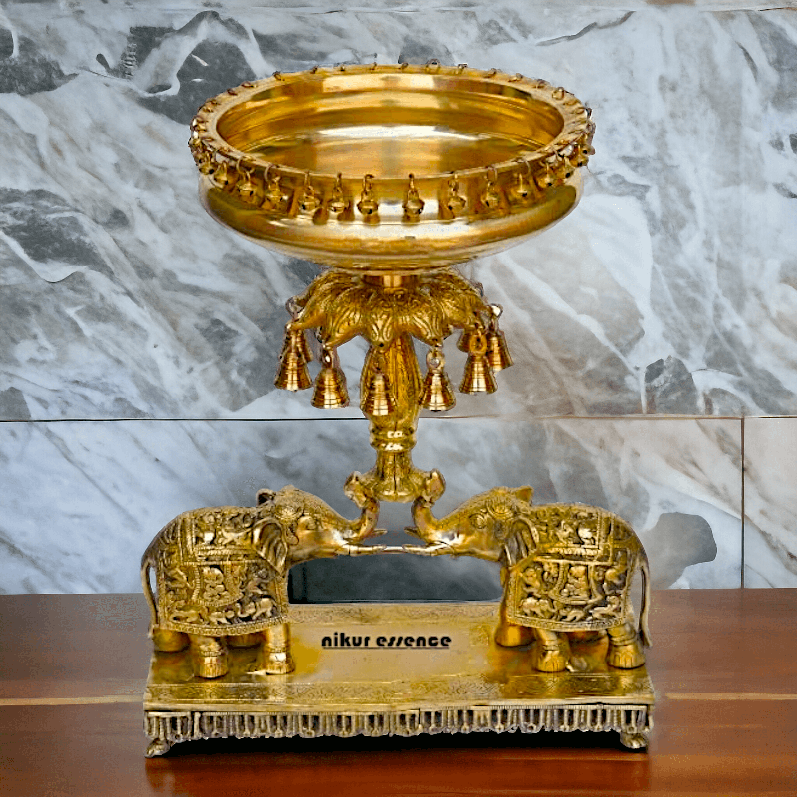 Brass Elephant Urli with Bells - Traditional Indian Decorative Sculpture for Home and Office Nikuressence