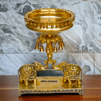 Brass Elephant Urli with Bells - Traditional Indian Decorative Sculpture for Home and Office Nikuressence