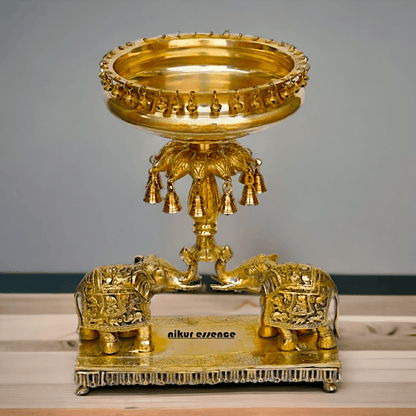 Brass Elephant Urli with Bells - Traditional Indian Decorative Sculpture for Home and Office Nikuressence