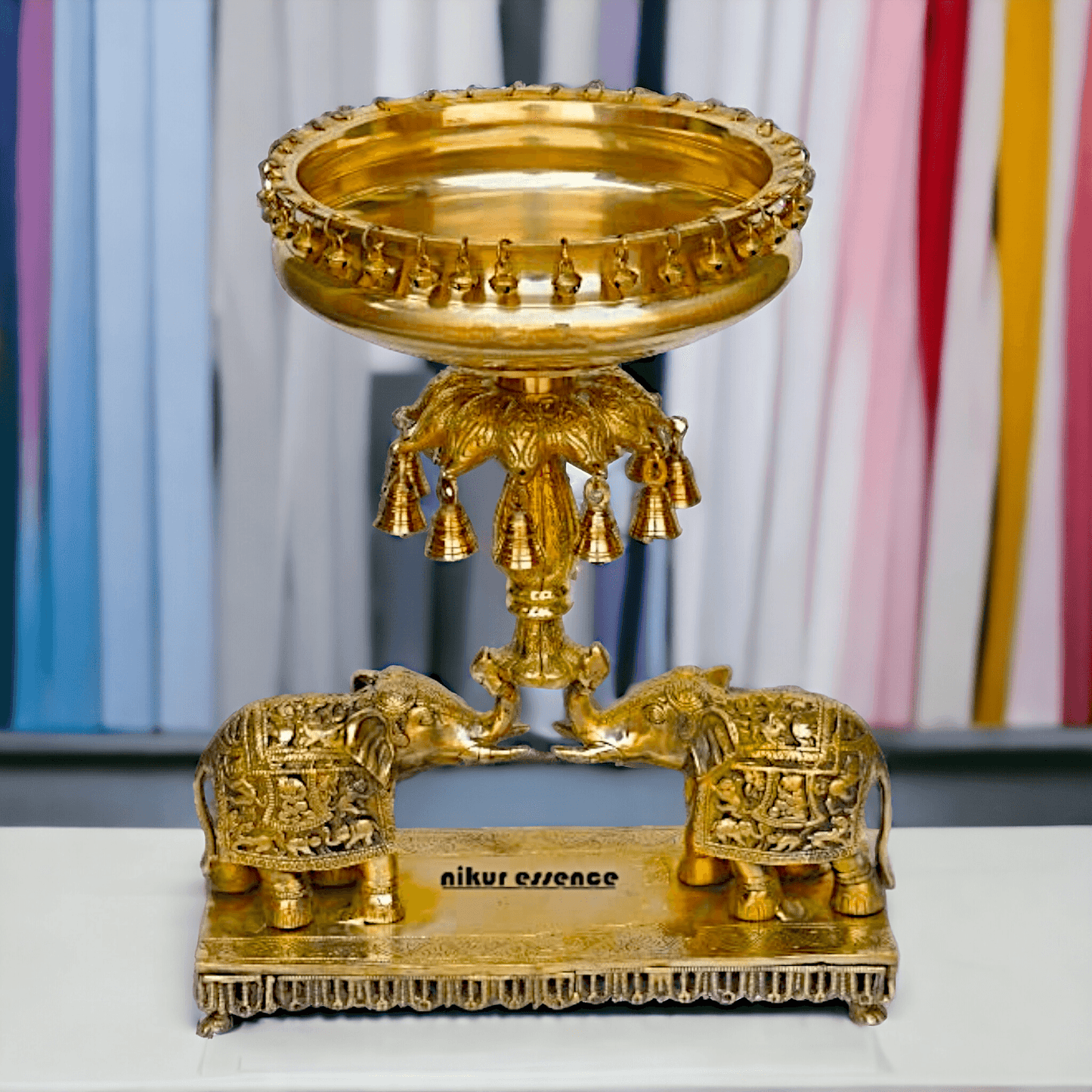 Brass Elephant Urli with Bells - Traditional Indian Decorative Sculpture for Home and Office Nikuressence