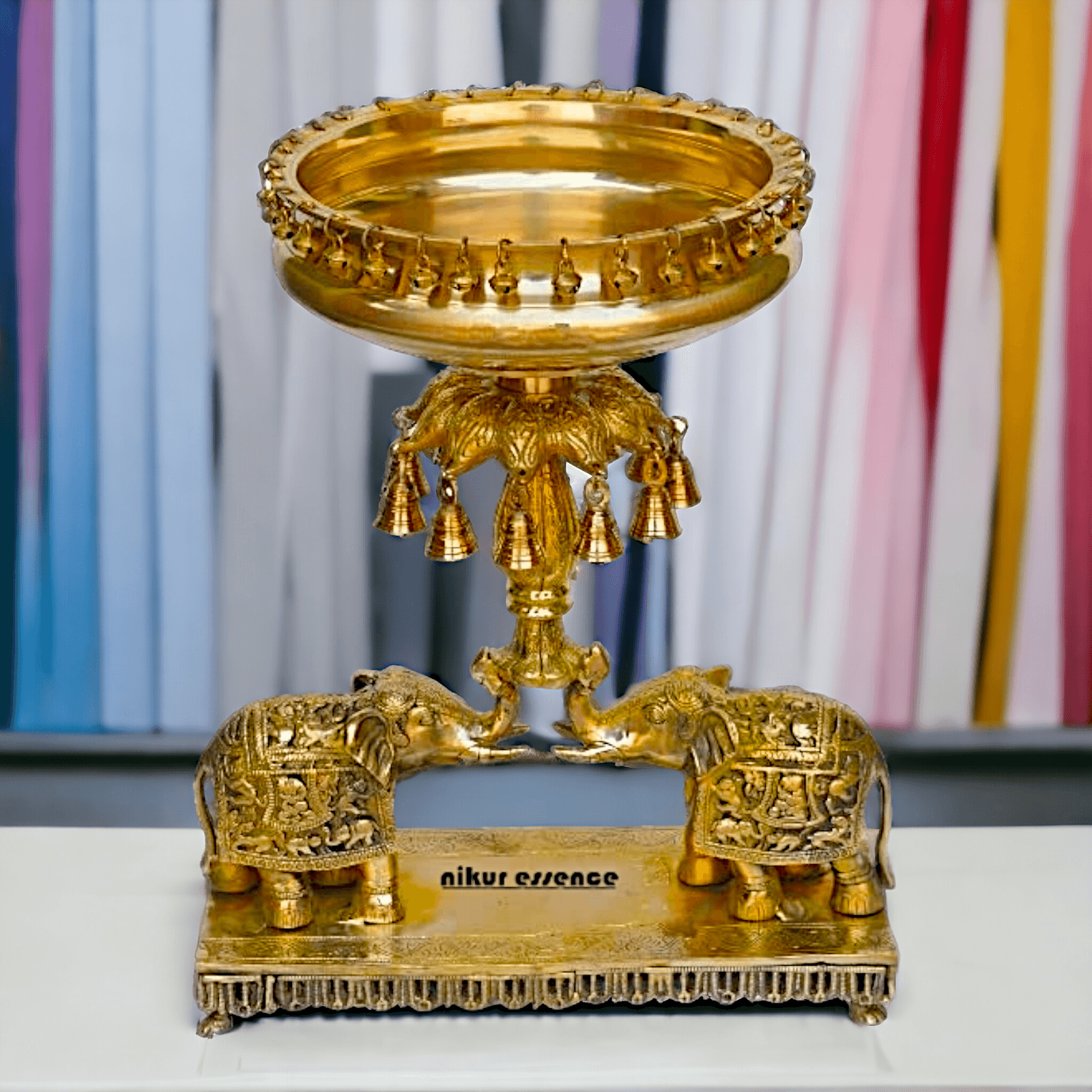 Brass Elephant Urli with Bells - Traditional Indian Decorative Sculpture for Home and Office Nikuressence