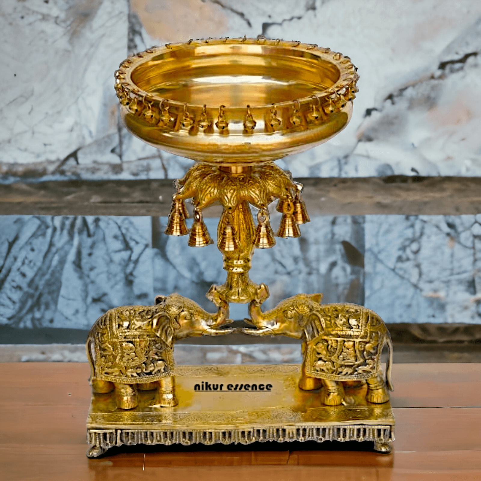 Brass Elephant Urli with Bells - Traditional Indian Decorative Sculpture for Home and Office Nikuressence