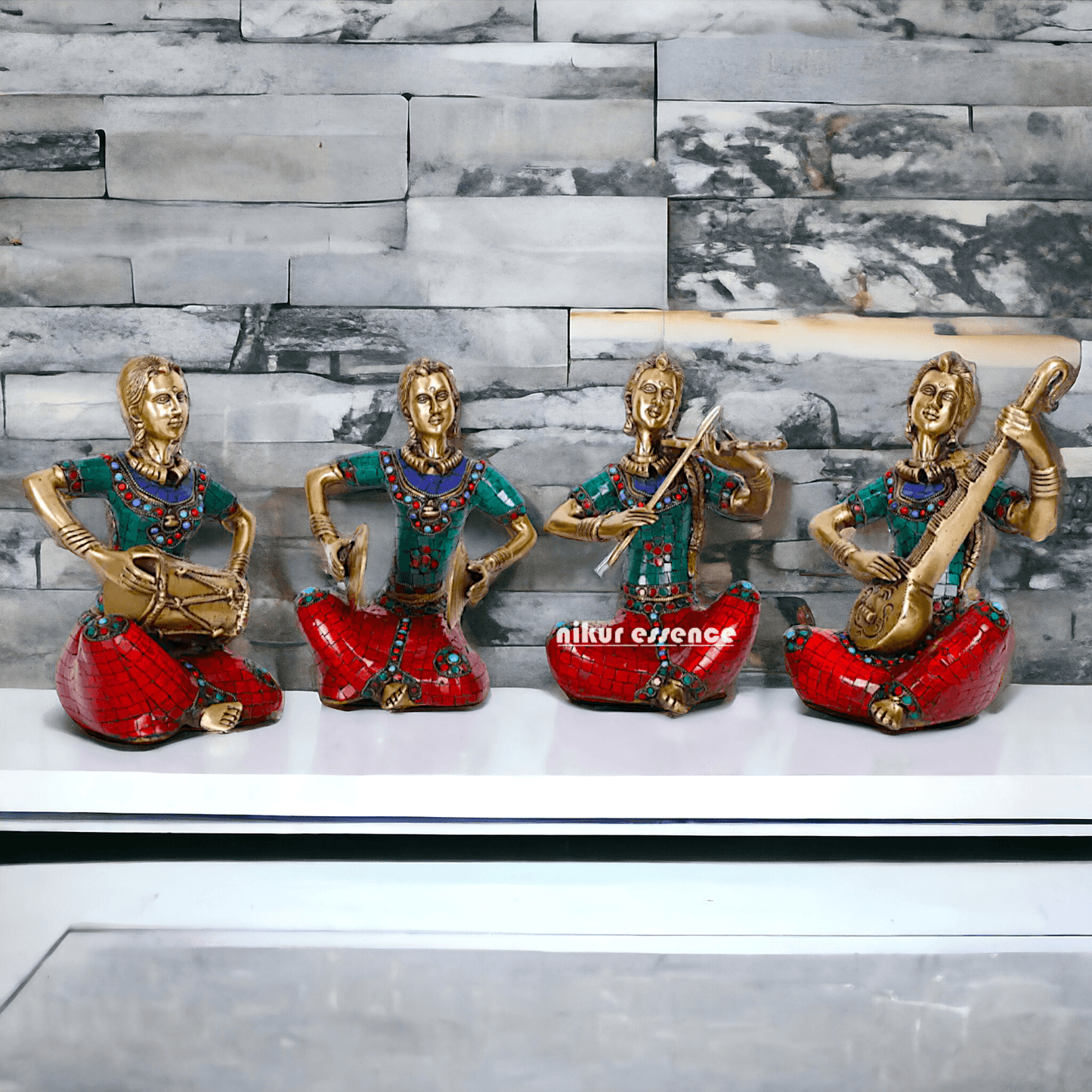 Brass Four Lady Musicians Statues - Set of Four Exquisite Handcrafted Figures with Intricate Inlay Work and Detailed Artistry Nikuressence