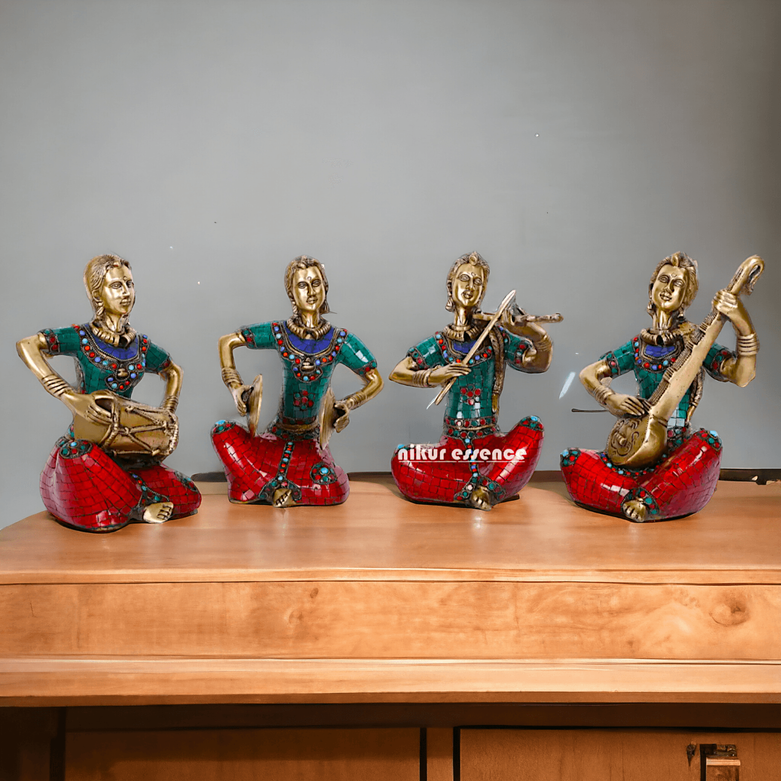 Brass Four Lady Musicians Statues - Set of Four Exquisite Handcrafted Figures with Intricate Inlay Work and Detailed Artistry Nikuressence