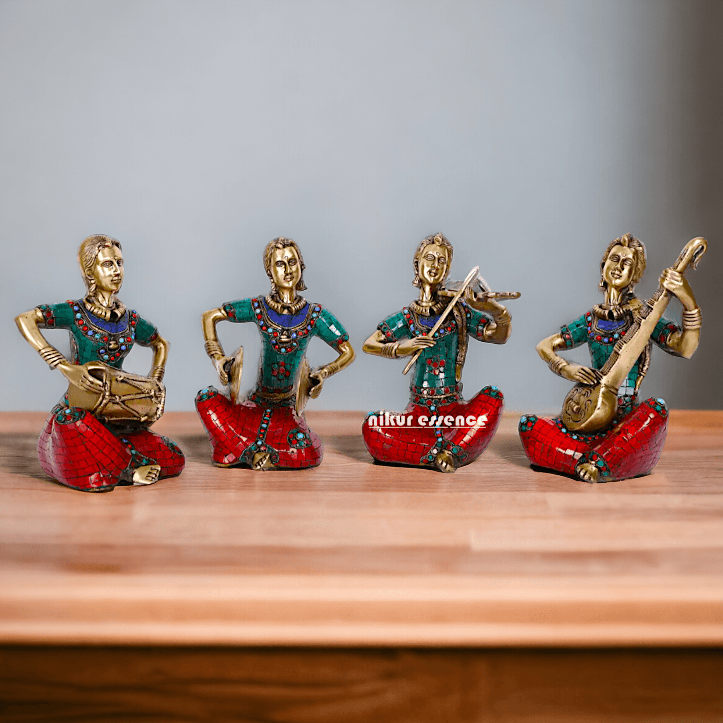 Brass Four Lady Musicians Statues - Set of Four Exquisite Handcrafted Figures with Intricate Inlay Work and Detailed Artistry Nikuressence