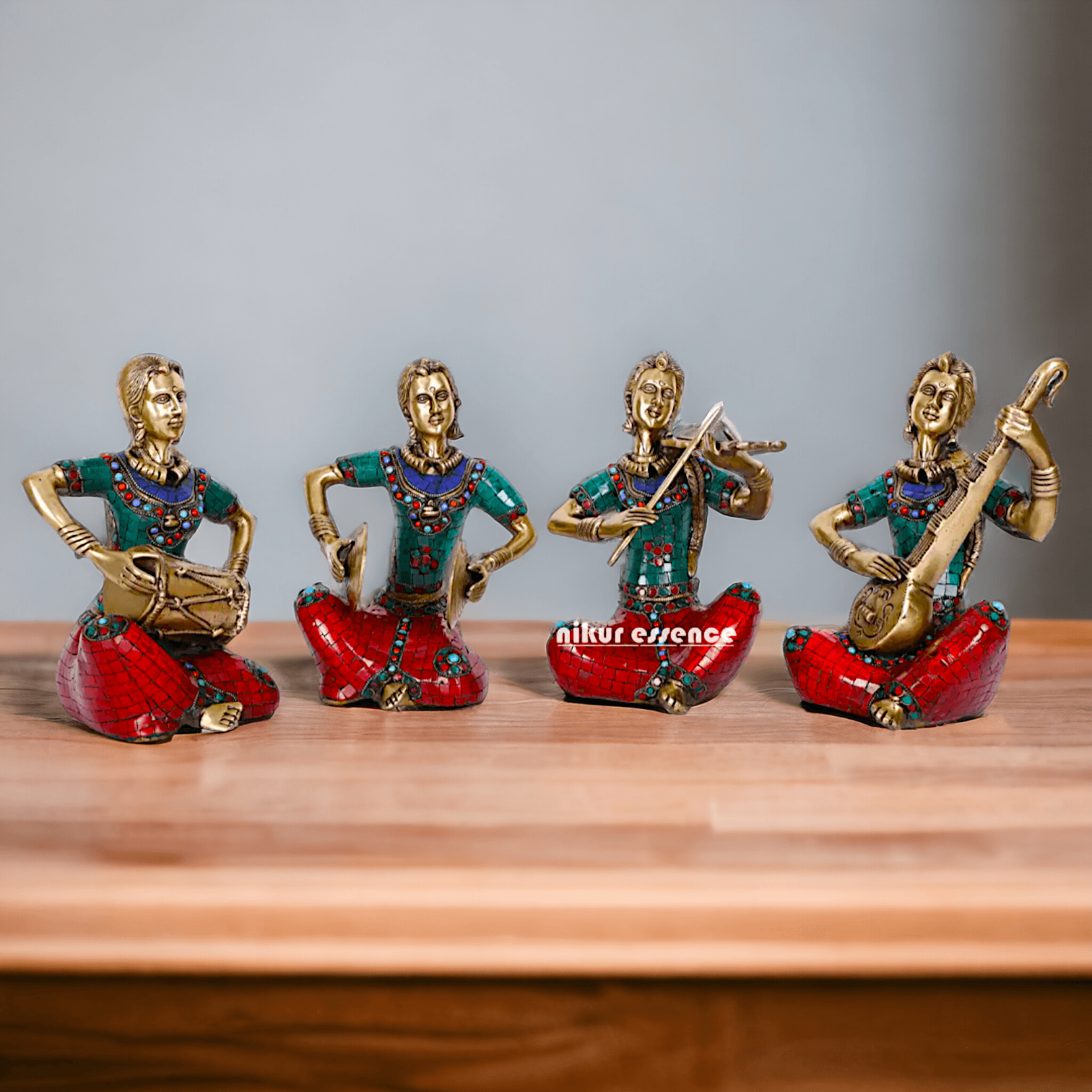 Brass Four Lady Musicians Statues - Set of Four Exquisite Handcrafted Figures with Intricate Inlay Work and Detailed Artistry Nikuressence