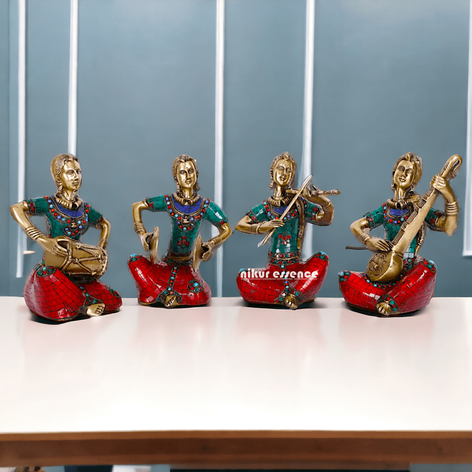 Brass Four Lady Musicians Statues - Set of Four Exquisite Handcrafted Figures with Intricate Inlay Work and Detailed Artistry Nikuressence