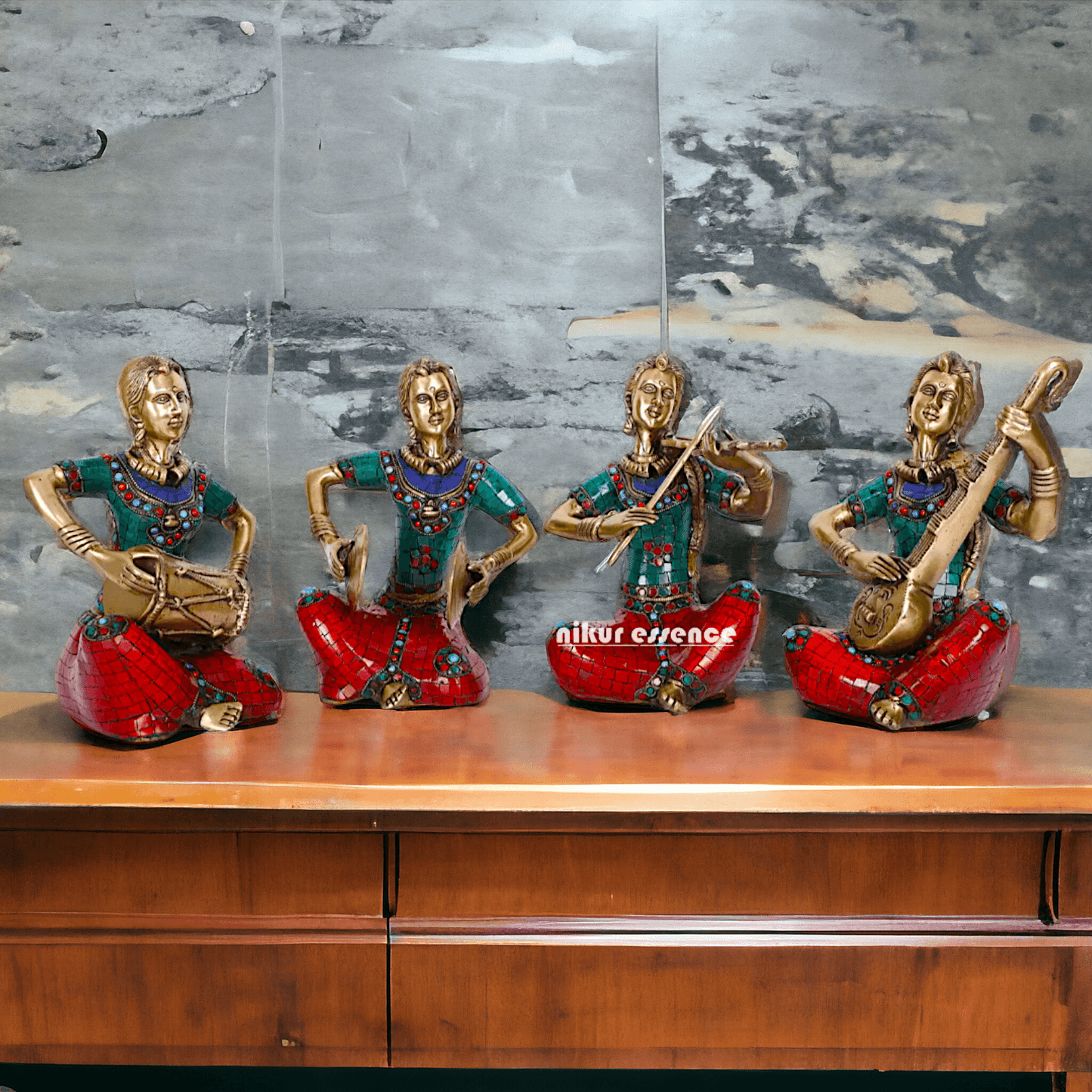Brass Four Lady Musicians Statues - Set of Four Exquisite Handcrafted Figures with Intricate Inlay Work and Detailed Artistry Nikuressence