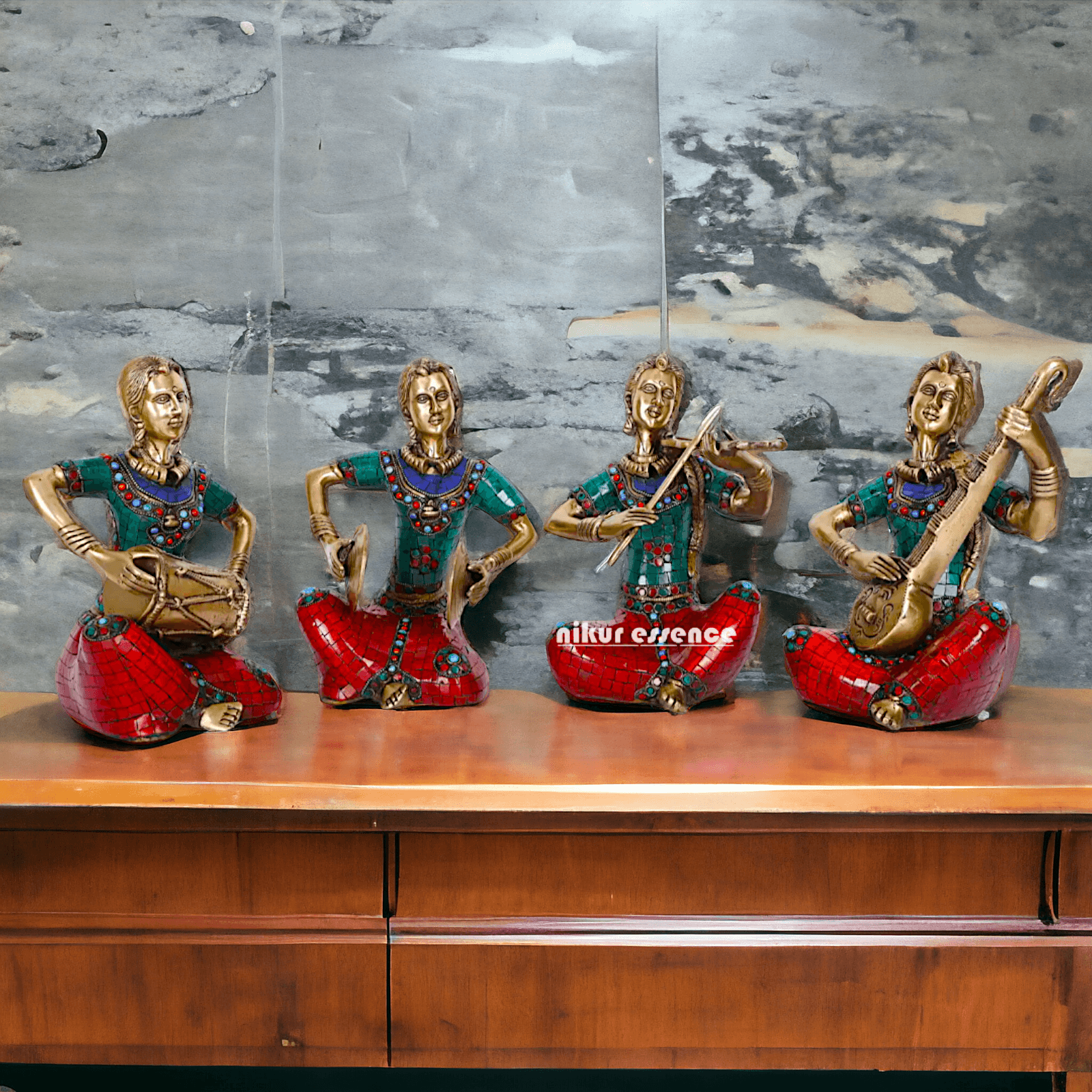Brass Four Lady Musicians Statues - Set of Four Exquisite Handcrafted Figures with Intricate Inlay Work and Detailed Artistry Nikuressence