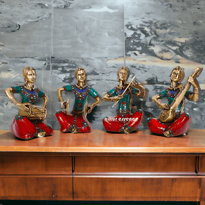Brass Four Lady Musicians Statues - Set of Four Exquisite Handcrafted Figures with Intricate Inlay Work and Detailed Artistry Nikuressence