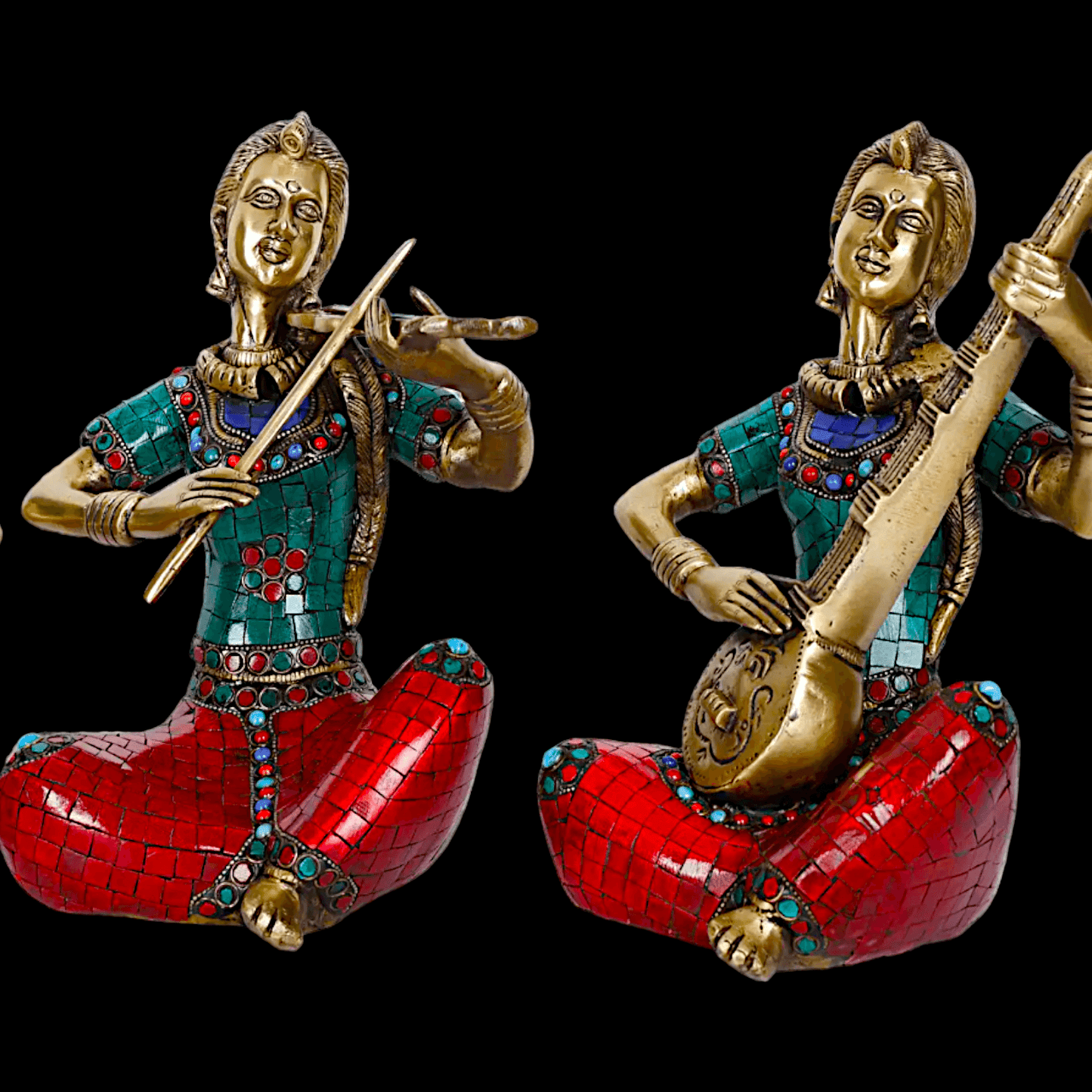 Brass Four Lady Musicians Statues - Set of Four Exquisite Handcrafted Figures with Intricate Inlay Work and Detailed Artistry Nikuressence