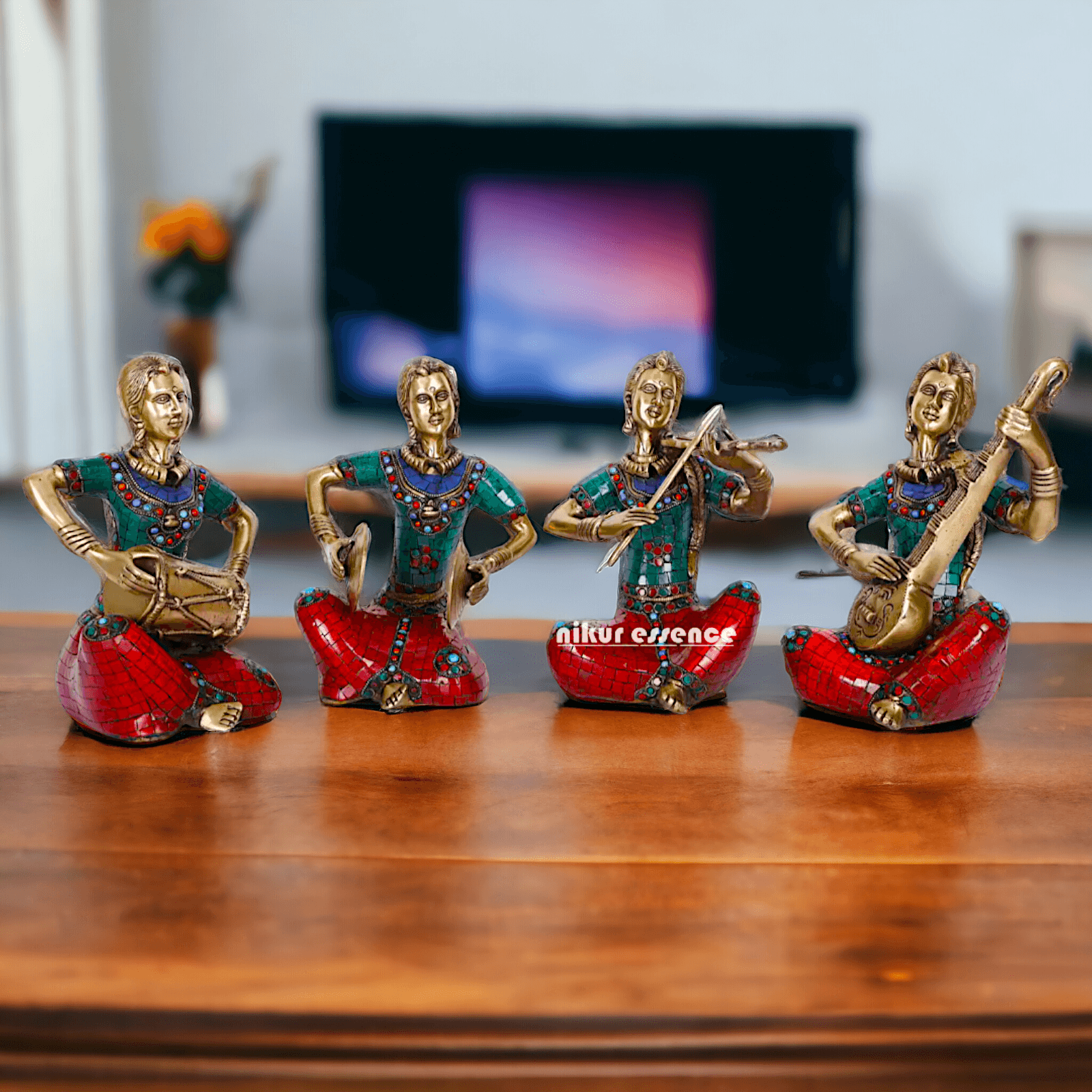 Brass Four Lady Musicians Statues - Set of Four Exquisite Handcrafted Figures with Intricate Inlay Work and Detailed Artistry Nikuressence